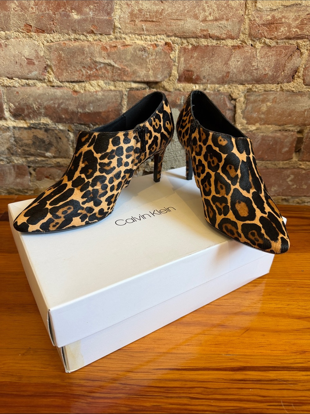 Calvin Klein Leopard Print Pointed Toe Ankle Booties - Brown/Black